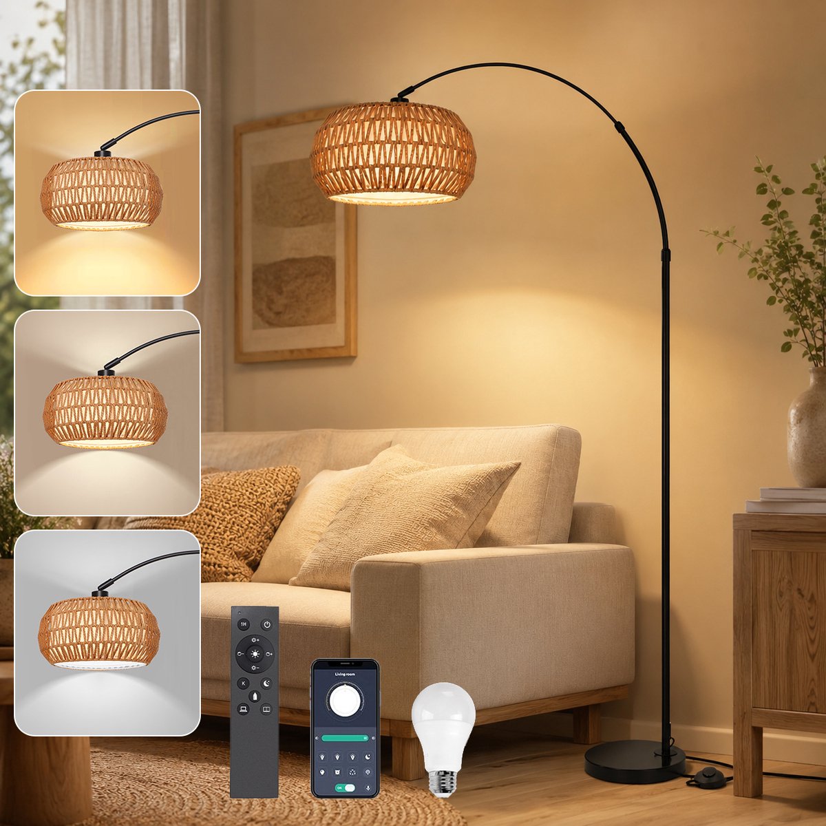 Rosnek Rotan Booglamp Zwart - Dimbare Vloerlamp met Afstandsbediening en App - Grote Staande Lamp voor Woonkamer over Bank - Slimme LED Sfeerlamp met lamp, E27-fitting