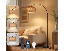 Rosnek Rotan Booglamp Zwart – Dimbare Vloerlamp met Afstandsbediening en App – Grote Staande Lamp voor Woonkamer over Bank – Slimme LED Sfeerlamp met lamp, E27-fitting