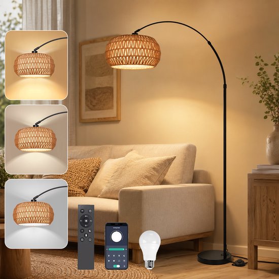 Lampadaire Arc en Rotin Rosnek Noir - Lampadaire Dimmable avec Télécommande et Application - Grand Lampadaire pour Salon au-dessus du Canapé - Lampe d'Ambiance LED Intelligente avec ampoule, douille E27