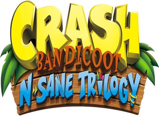 Logo van Crash Bandicoot N. Sane Trilogy in geel en oranje met tropische bladeren.
