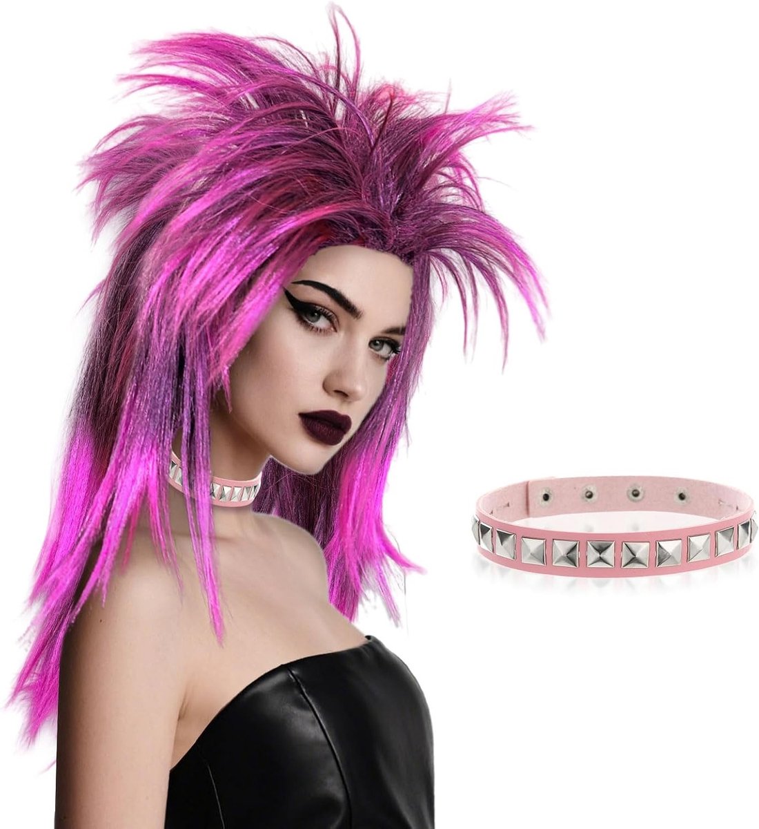 Langwerpige Hot Pink Punk Peruk Set voor Volwassenen - 70s 80s Mullet Rocker Peruk met Roze Choker voor Mannen en Vrouwen - Perfect voor Kostuums, Feestjes en Festivals