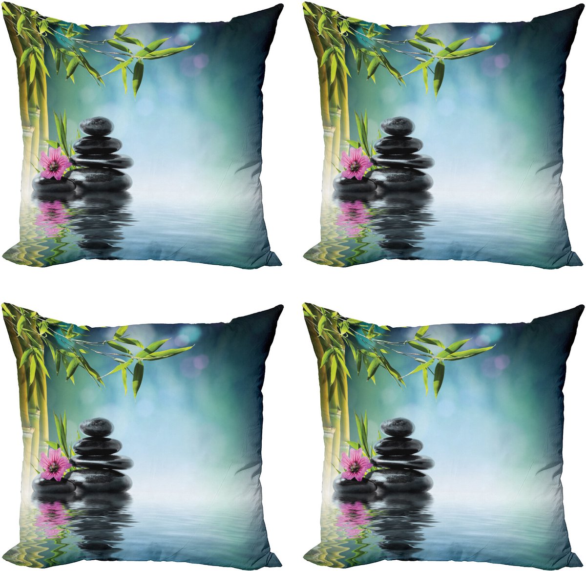 ABAKUHAUS Spa Throw Pillow Cover 4 Pack, Hibiscusbamboe op het water, Modern Accent Dubbelzijdig Digitaal Print, 40 x 40 cm, Petrol Blue Lime Green Petrol Blauw Limoengroen