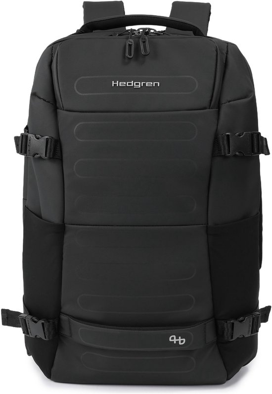 Zwarte Hedgren rugzak met horizontale lijnen, gespen en een buidel aan de zijkant.