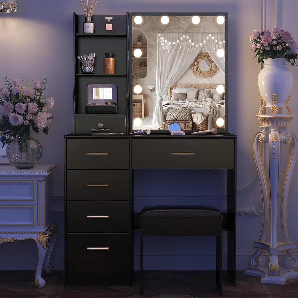 Luxe LED Make-up Tafel met Spiegel, Verstelbare Helderheid, 6 Lades en Opbergrekken, Inclusief Kruk – Dressing Table voor Slaapkamer 80x36x131 cm