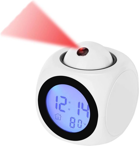Foto: Projectiewekker voor plafond digitale led klok met creatieve projectie ochtendwekker met tijdtemperatuurweergave kalender wit 