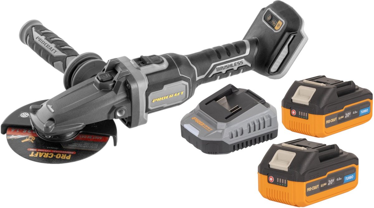 Procraft Industrial AG125Cbb accu vlakke kop haakse slijper 20 V 125 mm borstelloos + 2x accu 4,0 Ah + oplader
