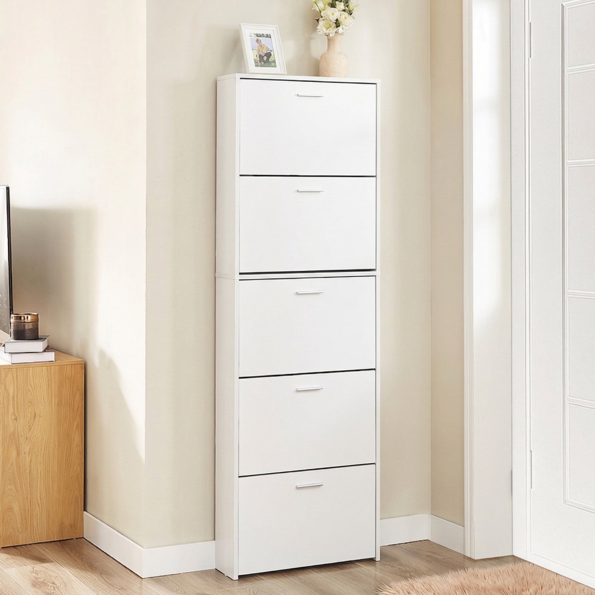 CASABEL Moderne schoenenkast met 5 neerklapbare deuren, ruimte voor 15 paar schoenen, houten schoenenopbergkast, wit
