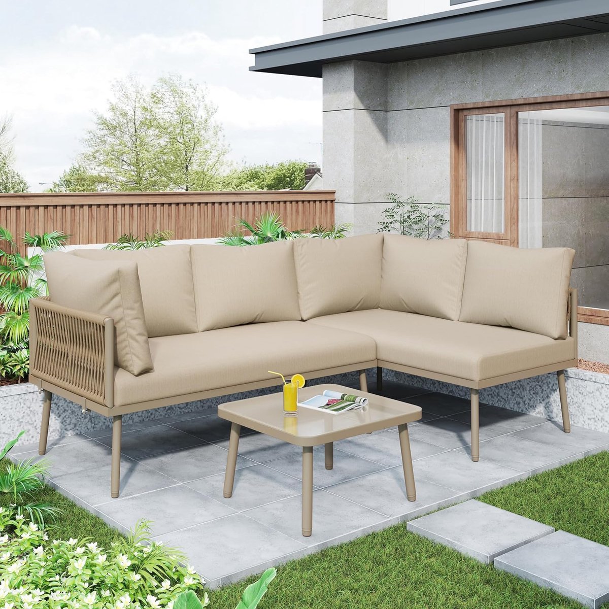 Tuin Loungeset L-Vorm 4-Persoons 120x60x72 cm met Tafel 60x60x36 cm – Inclusief 8 Kussens, Verstelbare Poten, Weerbestendig IJzer – Khaki – HomebyNicole