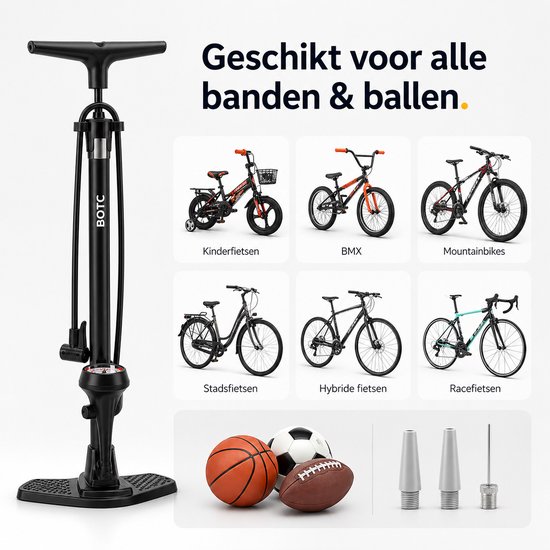 BOTC Fietspomp met Drukmeter - Vloerpomp 160 PSI / 11 Bar - Geschikt voor Presta & Schrader Ventielen - Voetpomp voor Racefiets, Mountainbike, Stadsfiets & E-bike - Zwart van BOTC — afbeelding 2