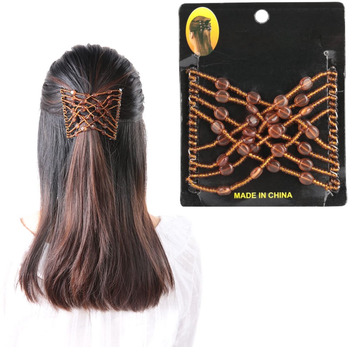 Allecto - Elastische haarkam - Haaraccessoires met parelkam - Elegante uitstraling - Bruin - Dubbele elastische kraal - Perfect voor dames - Haarst...