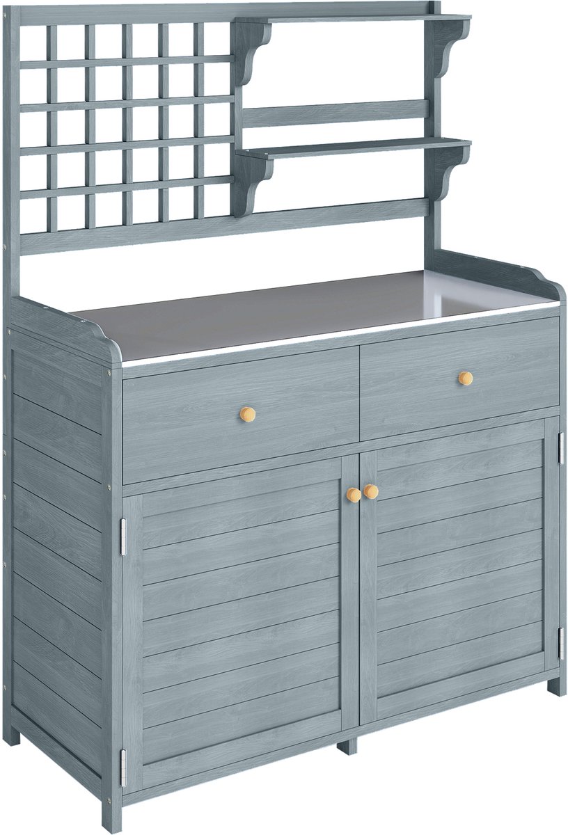 Oppottafel – Hout – Buiten – Tuinkast – Werktafel – Opbergkast – Weerbestendig – Lichtgrijs