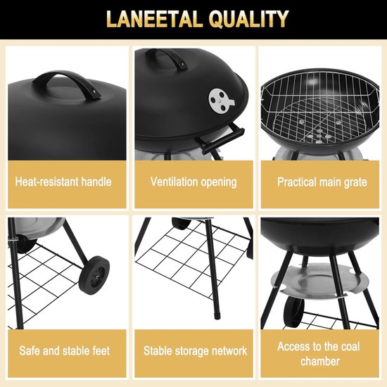 ITRONIQ BBQ Houtskool - Barbecue Met Wielen - 41 cm Grill - Draagbare BBQ - Voor Tuin Camping en Balkon - Compact - Zwart — afbeelding 3