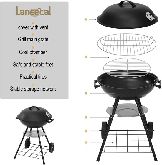 ITRONIQ BBQ Houtskool - Barbecue Met Wielen - 41 cm Grill - Draagbare BBQ - Voor Tuin Camping en Balkon - Compact - Zwart — afbeelding 5