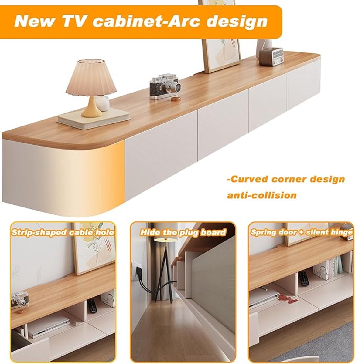 Floating TV Cabinet 180x24x20 cm – Wall Mounted TV Shelf with Door & Cable Management – Modern Space Saving TV Media Console Unit – Timber Finish