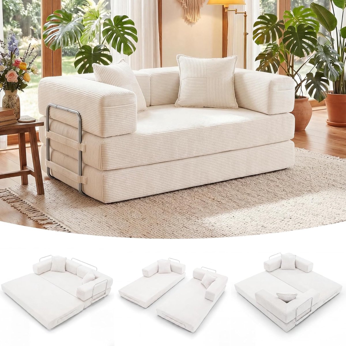 Opvouwbare Slaapbank 160 cm – Modulaire 2-Zits Corduroy Vloerbank & Logeerbed met Metalen Frame, Antislip Onderkant, Wasbare Hoes en Schuimvulling Crème – HomebyNicole