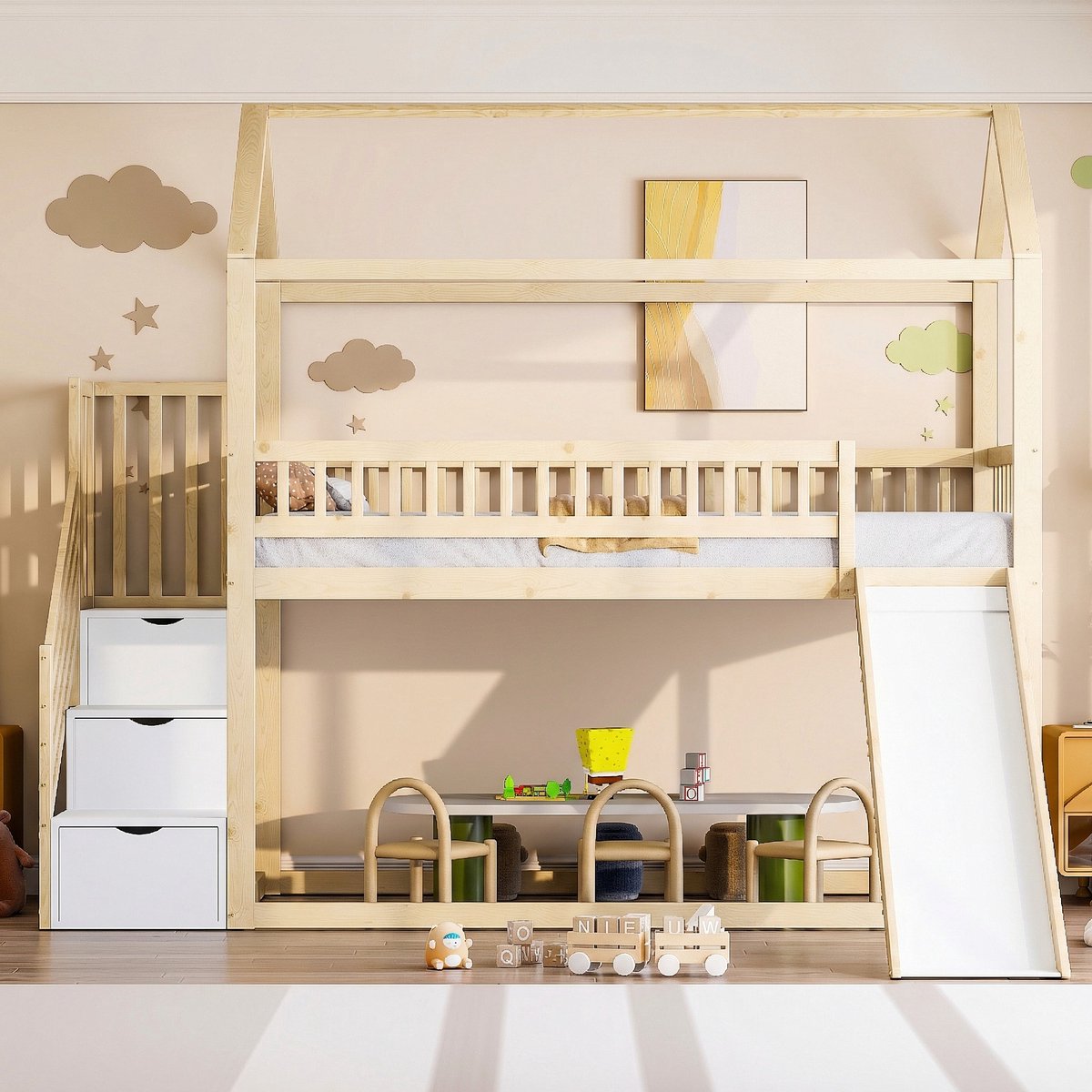 VVBV Kinderbed Hoogslaper 90x200 cm met Glijbaan & Opbergtrap, Massief Hout, incl. Lattenbodem, Houtkleur