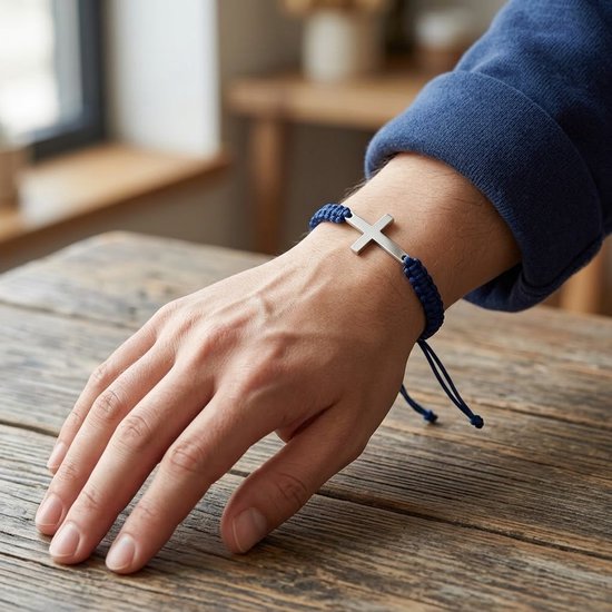 Arm van een man met een marineblauwe gevlochten armband met zilverkleurig kruis.