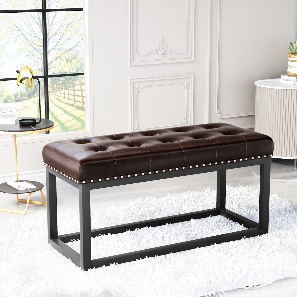 Pugsdrly 91 cm vintage gestoffeerde bank met gecapitonneerde kunstleren zitting, industriële metalen eetbank voor hal, slaapkamer, woonkamer of aan het voeteneinde van het bed (bruin)
