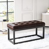 Pugsdrly 91 cm vintage gestoffeerde bank met gecapitonneerde kunstleren zitting, industriële metalen eetbank voor hal, slaapkamer, woonkamer of aan het voeteneinde van het bed (bruin)