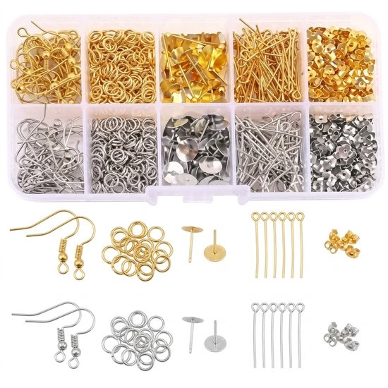 Composants de boucles d'oreilles dorés et argentés, y compris des crochets, des clous, des anneaux et des capuchons.