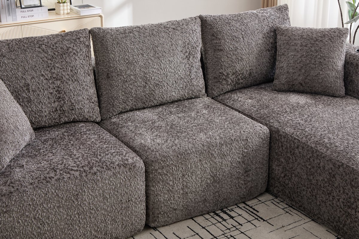 MODENUIT Hoekbank 2-Delig - L-Vorm Met Diepe Zitting En Bekerhouders - Voor Woonkamer - Chenille - Donkergrijs