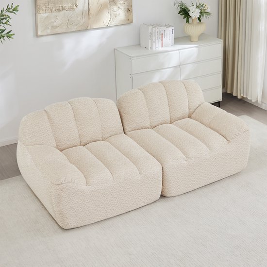 MODENUIT Hoekbank 2-Zits - Modulair Met Ottoman - Voor Woonkamer En Appartement - Fleece Met Structuur - Beige Wit