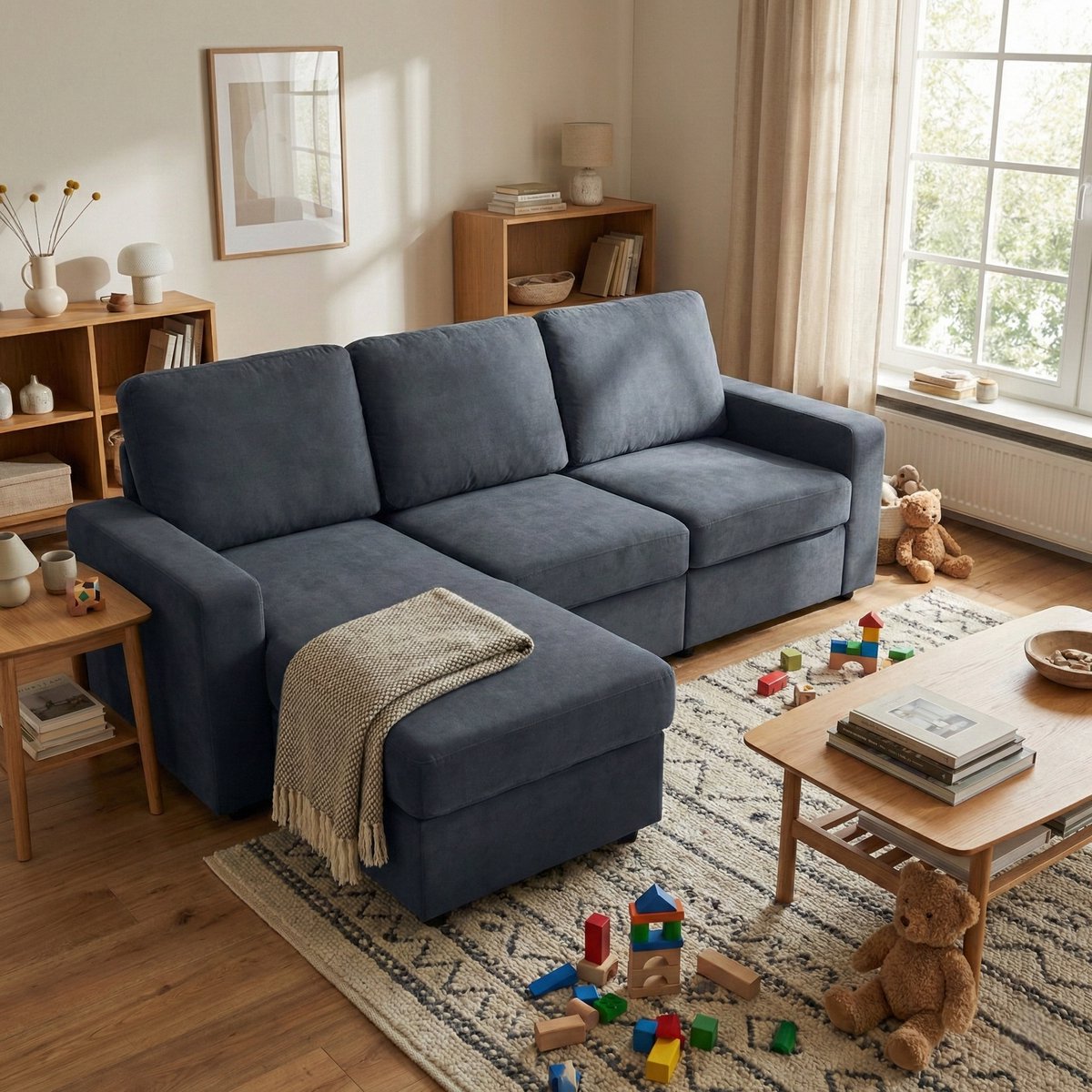 MODENUIT Hoekbank 245,5 cm - 4 Opbergvakken Met Chaise Longue - Voor Woonkamer En Lounge - Polyester - Donkergrijs