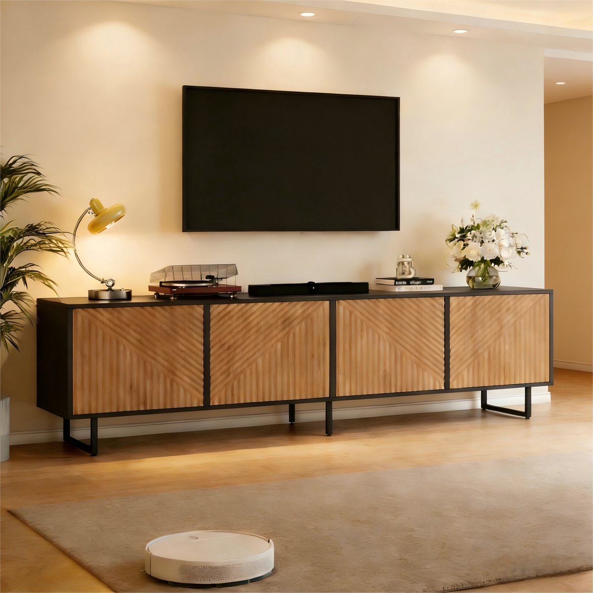 Clruro TV-Meubel - 180x40x50 cm - Met 4 Deuren - Voor 80 Inch TV - Hout - Zwart Natuur Natuurlijk Hout