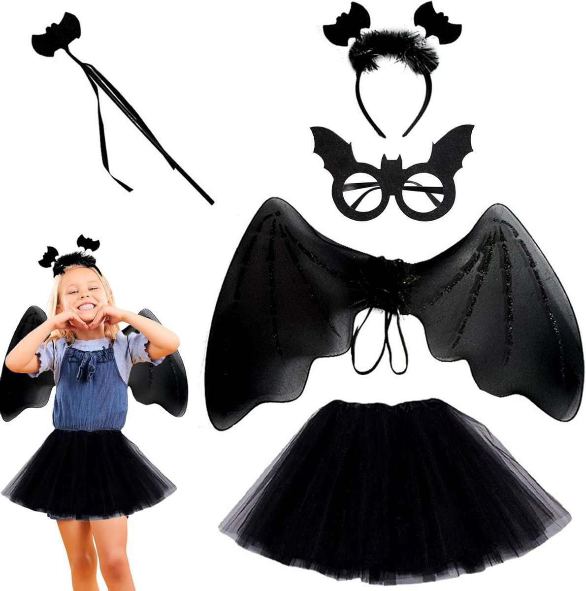 Halloween Vleermuis Kostuum voor Kinderen met Vleermuismasker en Haarspelden - 3-delige Set voor Halloween en Cosplay Feesten