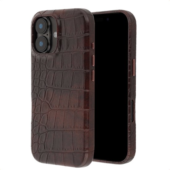 Coque iPhone en cuir de crocodile marron, avec écran ouvert.