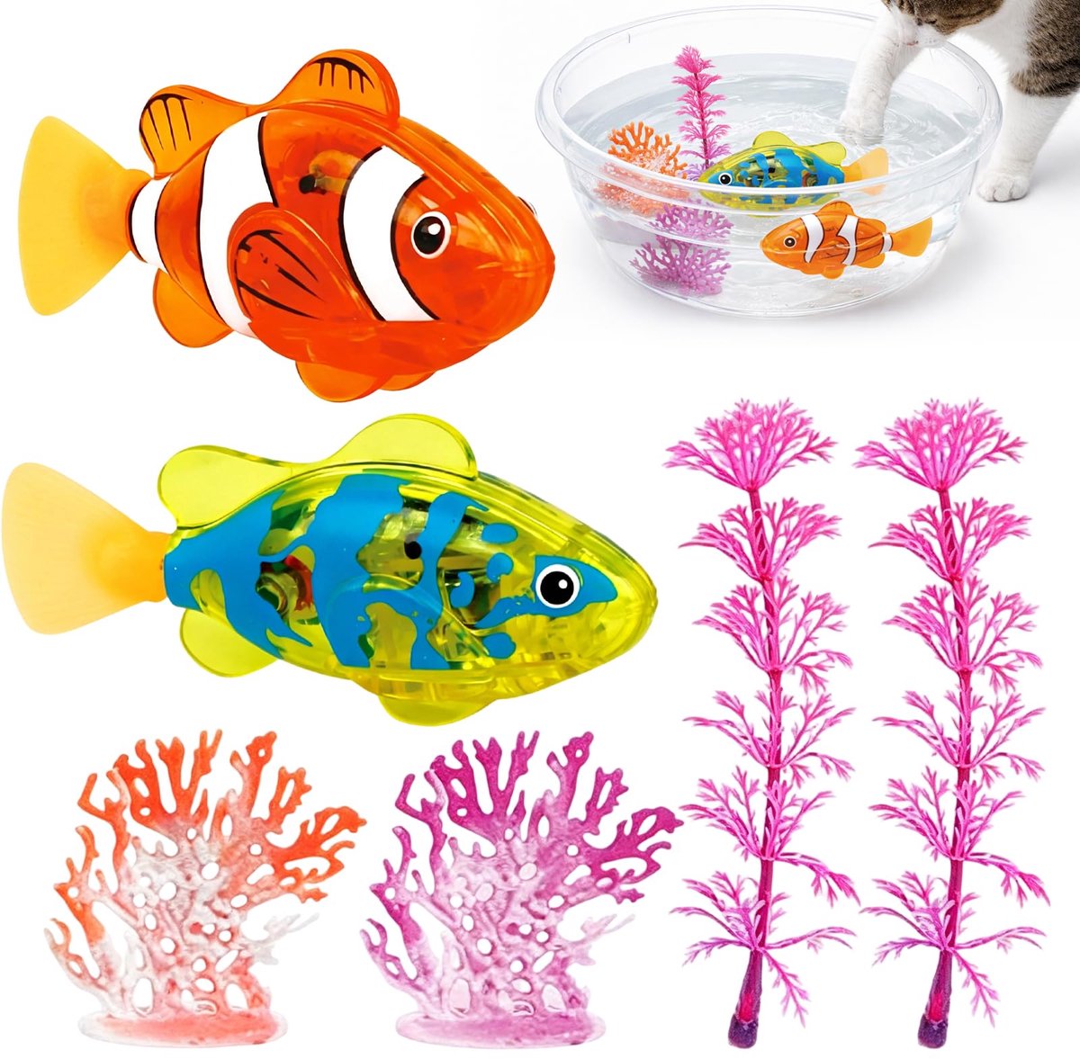 Namajunas - Badspeelgoed baby - 2 stuks robotvissen met 2 kunstzeewier en 2 kunstkoraal - Badspeeltjes - Bad speelgoed - Aquarium decoratie - Huisdierdrinkfontein decoratie - Automatisch zwemmen in water, realistische beweging voor badplezier