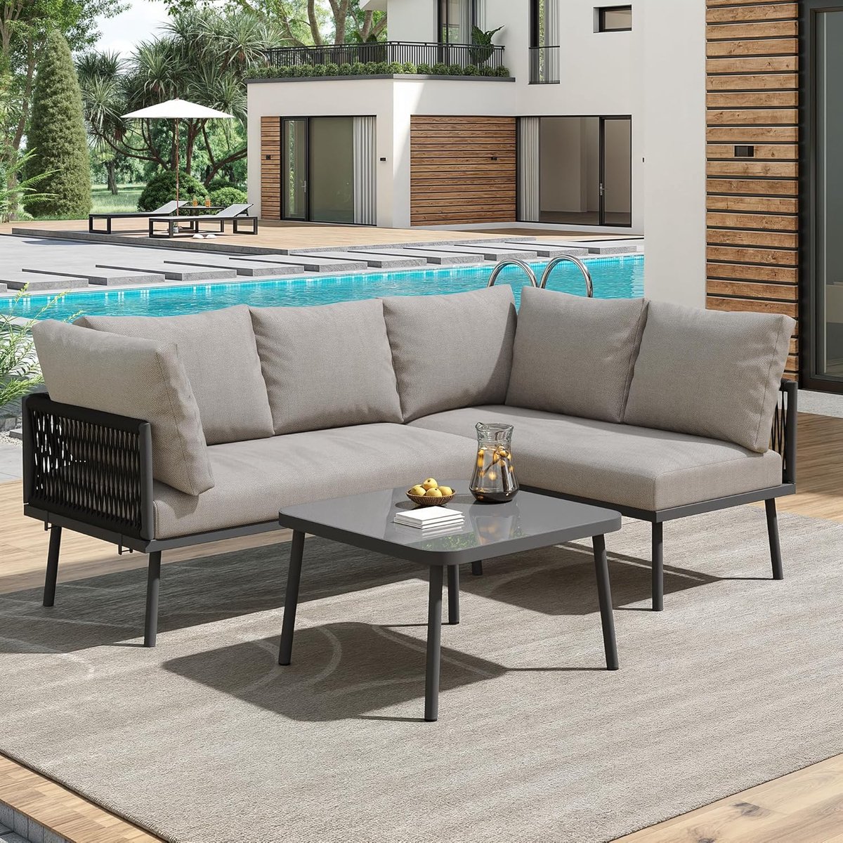 Tuinloungeset L-vorm 4-Persoons 120x60x72 cm met Tafel 60x60x36 cm – Grijs Touw & IJzer Frame – Inclusief Dikke Kussens & Verstelbare Poten – Moderne Lounge Set voor Tuin & Terras – HomebyNicole