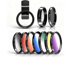 10-in-1 telefooncamera lensset, 52 mm clip-on CPL-glas met 10x macrolens, 7 kleurenfilters en CPL-filter.