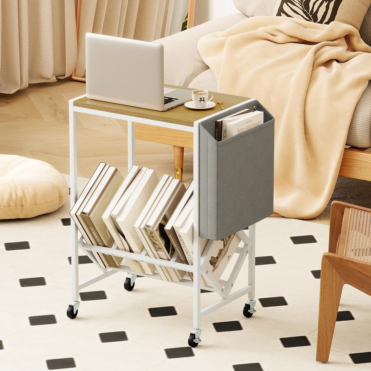 Platenspeler Meubel Vinyl Opbergkast met Wielen - 90° LP Organisatie Systeem - Mobiele Platenkast met Tafelblad en Tijdschriftenhouder - 20 LP Capaciteit - Vinyl Record Organizer Voor Woonkamer en Muziekkamer - LP Standaard