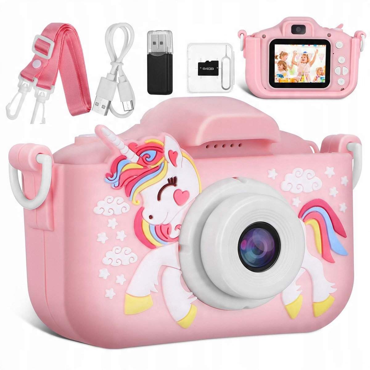 Kindercamera met full HD-scherm, eenhoornontwerp, 64 GB.