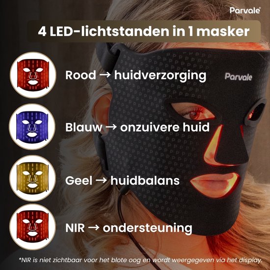 Zwart Parvale LED-gezichtsmasker met rode gloed, naast cirkels met rode, blauwe en gele lichteffecten. "4 LED-lichtstanden in 1 masker": rood voor huidverzorging, blauw voor onzuivere huid, geel voor huidbalans.