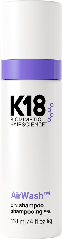 Bouteille blanche de shampooing sec K18 AirWash avec bande violette, 118 ml.