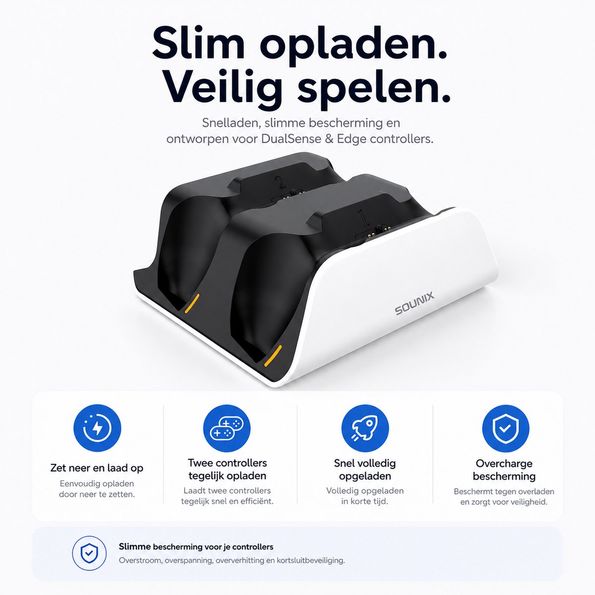 Sounix Oplaadstation geschikt voor PS5 / PS5 Slim / PS5 PRO / DualSense Controller - PS5 accessoires - Dual Oplader - Charging Dock - Wit – foto 2