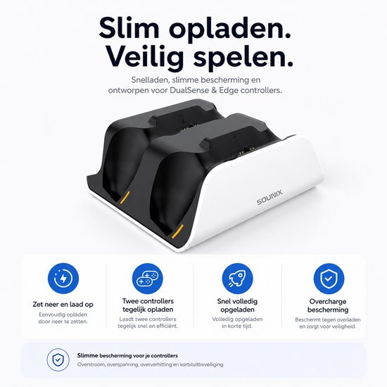 Wit laadstation met twee zwarte sleuven voor controllers, oranje oplaadindicatoren.