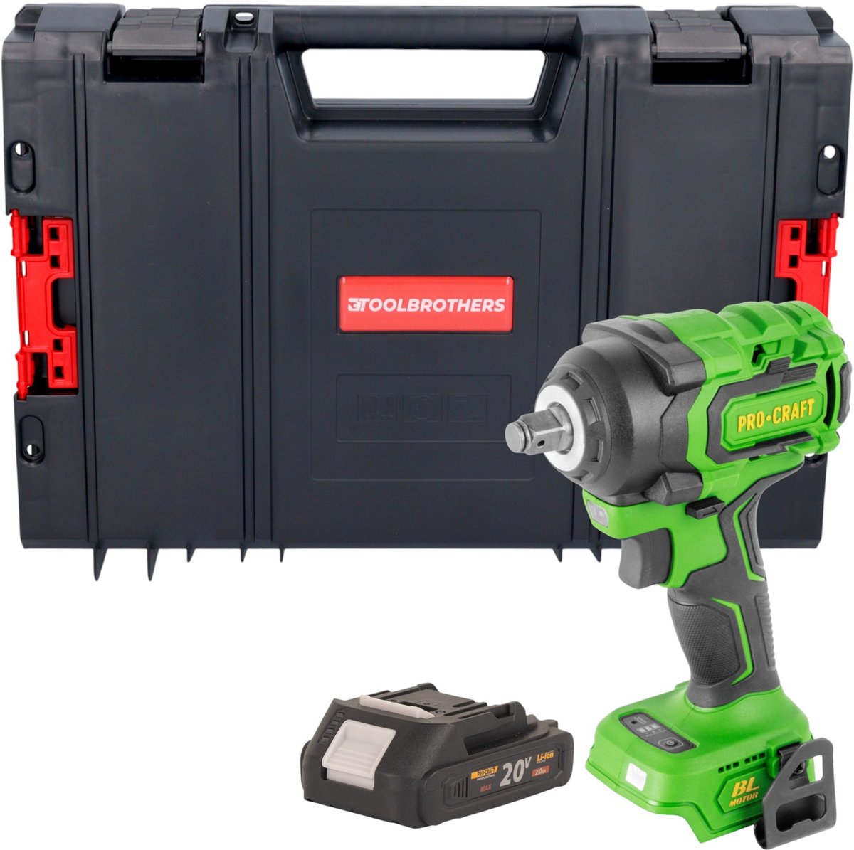 Procraft PWA18bb accu-slagmoersleutel 20 V 550 Nm 1/2" borstelloos + 1x accu 2,0 Ah + RHINO-gereedschapskoffer - zonder oplader