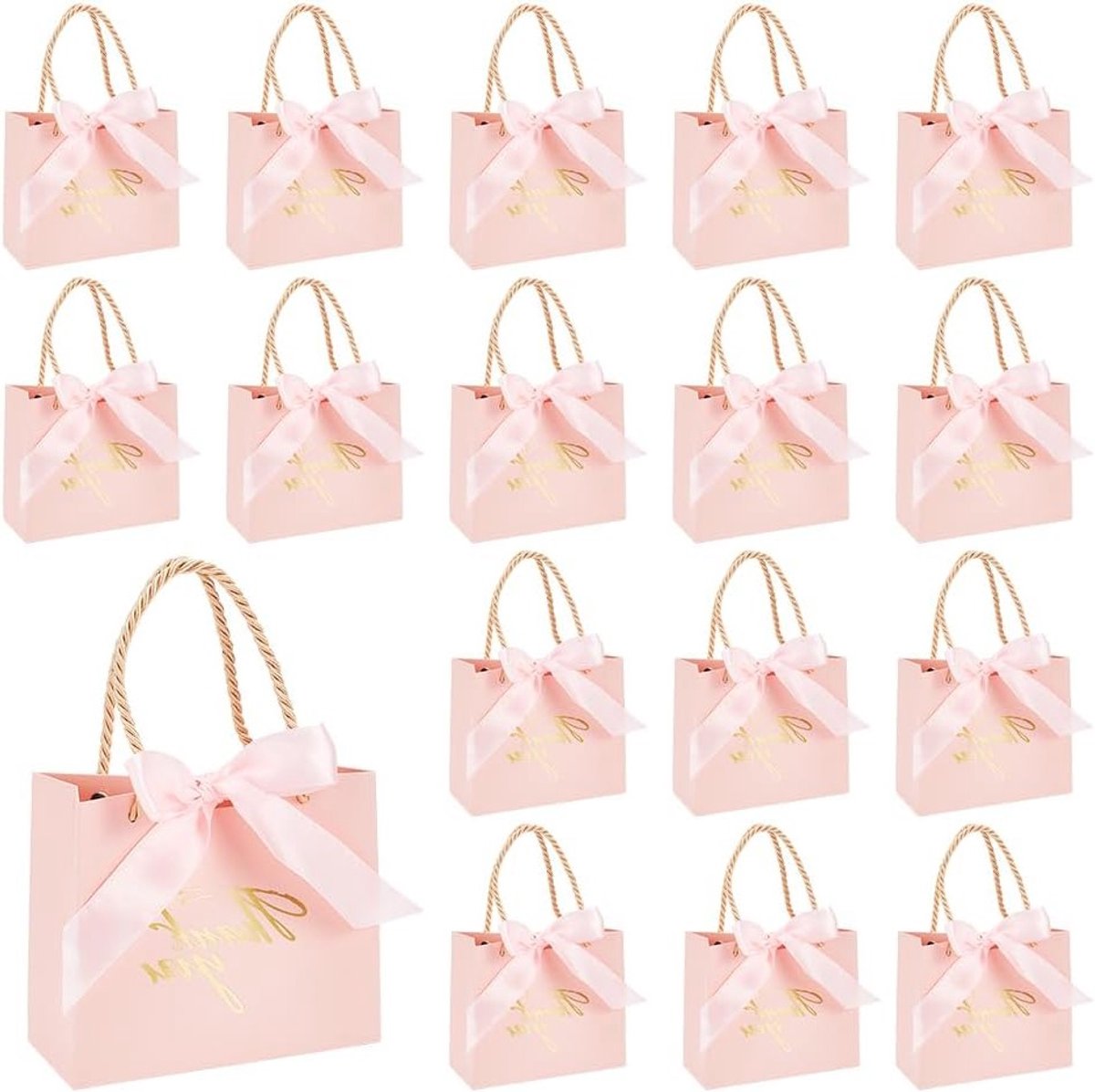 24 Stuks Bedank Geschenktassen, 14x12x6cm Papieren Tassen met Hot Stamping en Lint voor Bruiloften, Verjaardagen en Feestjes, Roze Geschenkverpakkingen