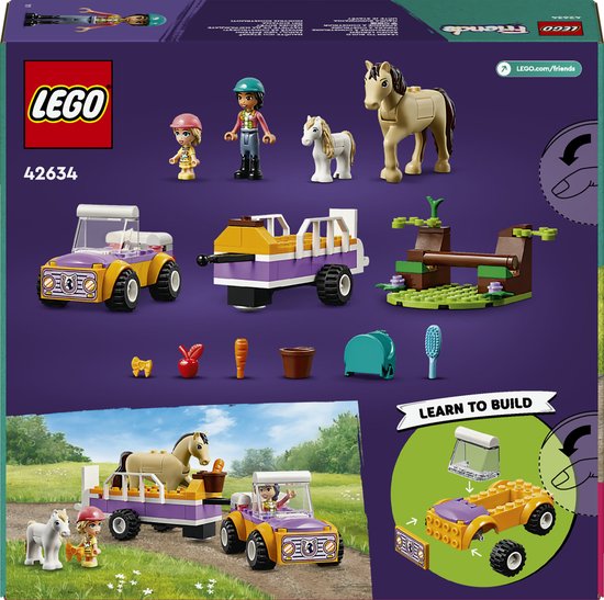 Remorque à chevaux LEGO Friends avec cheval, poney, deux figurines et accessoires.