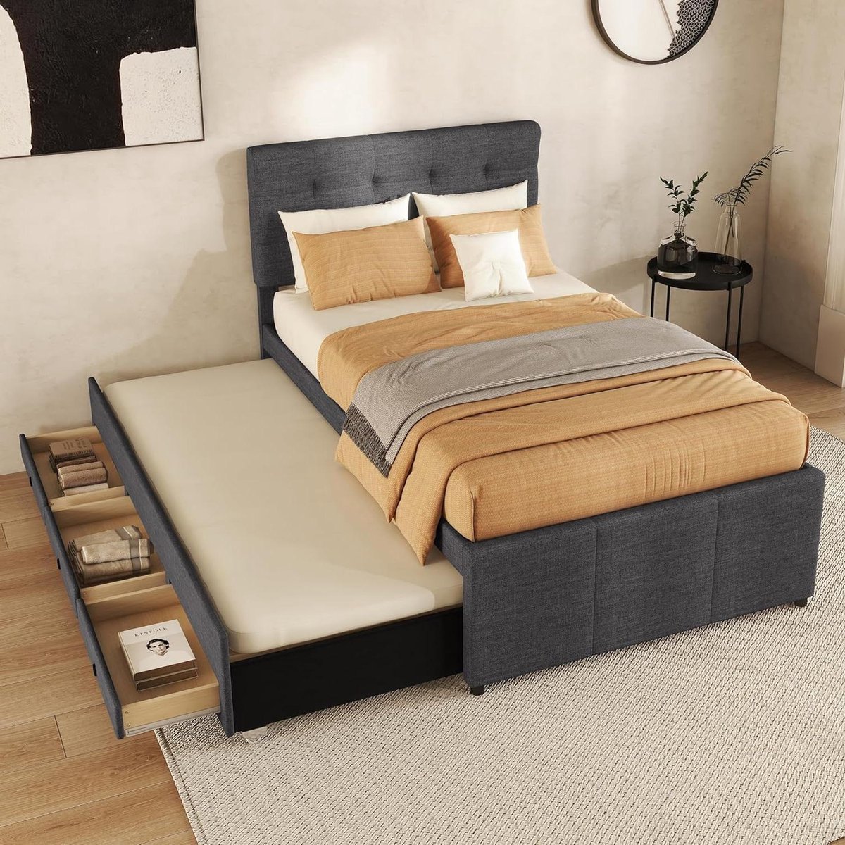 Gestoffeerd Bed - Uitschuifbaar Bed - Gasten Ontvangen - Met Opberglades - 90x200cm - Grijs