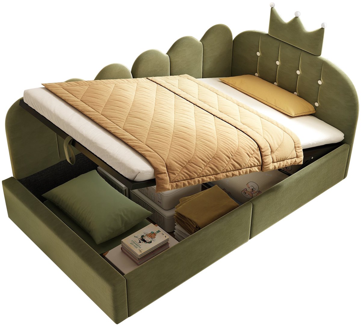 Merax Slaapbank 90x200 Cm - Bed Met Opbergruimte - Fluweel - Groen - Met Kroonvormig Hoofdbord - Gestoffeerd Eenpersoonsbed - Logeerbed
