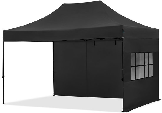 Zwarte partytent met gesloten zijwanden en een raam.