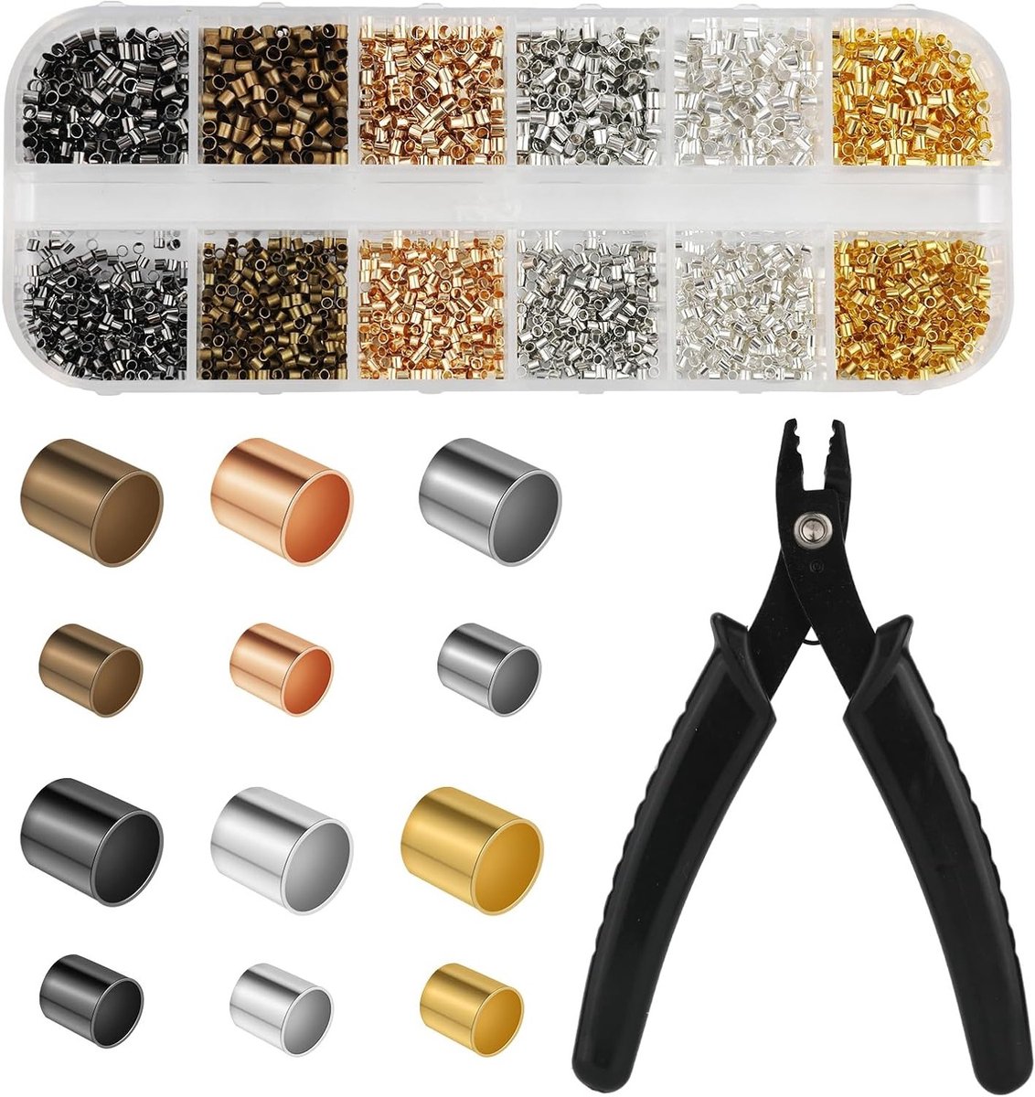 2700 Stuks Squeeze Kralen voor Sieraden, 1.5mm en 2mm Kralen met Crimp Tang, 6 Kleuren Crimp Tubes voor DIY Armbanden en Kettingen Maken