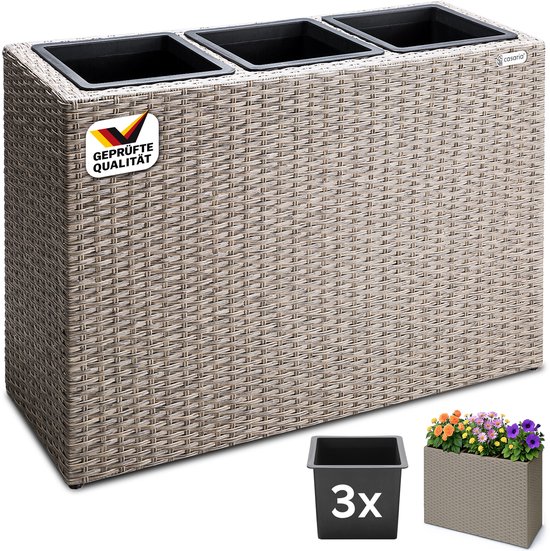 Beige plantenbak met vlechtstructuur, met 3 uitneembare binnenbakken en Duitse kwaliteitssticker.