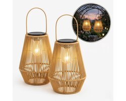 Solar Tuinverlichting - Tafel Buitenlamp (set van 2 stuks) - Rotan bamboe - Lantaarn - Buitenverlichting - tafellampen voor buiten-Solar Lamp Tuin- Tuinverlichting Led Buiten ophangen – Lantaarn Windlicht op Zonneenergie - Lantaarn voor Buiten