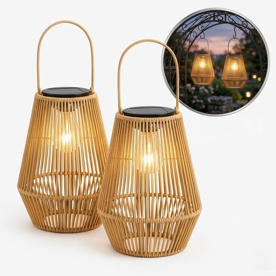 Solar Tuinverlichting - Tafel Buitenlamp (set van 2 stuks) - Rotan bamboe - Lantaarn - Buitenverlichting - tafellampen voor buiten-Solar Lamp Tuin- Tuinverlichting Led Buiten ophangen – Lantaarn Windlicht op Zonneenergie - Lantaarn voor Buiten