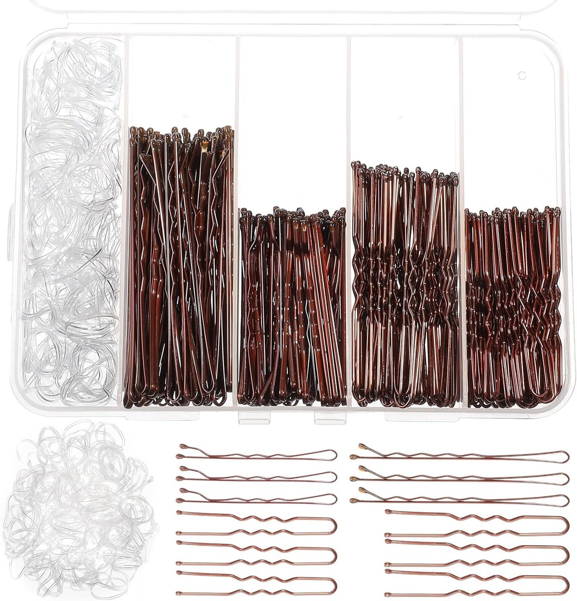 Complete Set Haaraccessoires - 300 Stuks Bobby Pins, Bruine Haarspelden, Doorzichtige Elastische Haartjes en U-Vormige Spelden met Opbergdoos voor Perfecte Buns en Stijlen